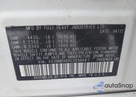 2012 Subaru Legacy 2.5I from USA, damaged, VIN 4S3BMBA6XC3036681